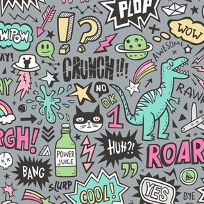 Superheroes  Dinosaurs Space  Galaxy Comic Speech Bubbles Doodle Pink on  Dark Grey