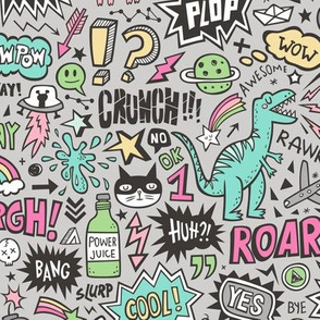 Superheroes  Dinosaurs Space  Galaxy Comic Speech Bubbles Doodle Pink on Light Grey