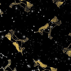 unicorn constellations fabric // galaxy pastel unicorn fabric trendy unicorn design constellation stars unicorns cosmic design black and gold