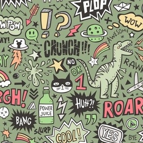 Superheroes  Dinosaurs Space  Galaxy Comic Speech Bubbles Doodle on Green