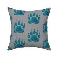 Watercolor Bear Paw - Teal on grey linen