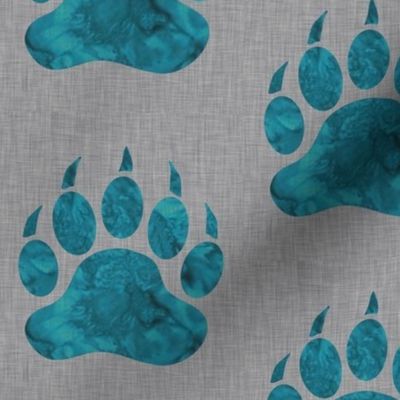 Watercolor Bear Paw - Teal on grey linen