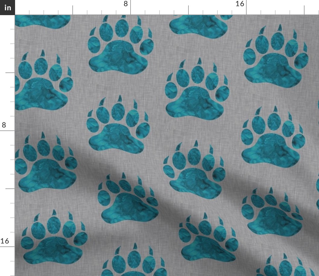 Watercolor Bear Paw - Teal on grey linen
