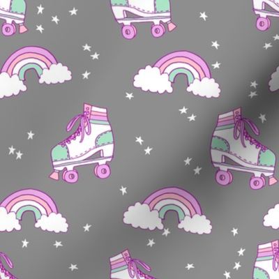 rollerskates fabric // cute nostalgic rollerskate retro rainbow girls design - grey