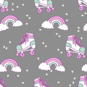rollerskates fabric // cute nostalgic rollerskate retro rainbow girls design - grey