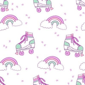 rollerskates fabric // cute nostalgic rollerskate retro rainbow girls design - pastel white