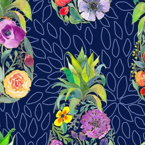 Pretty Pineapples on Floral Navy