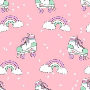 rollerskates fabric // cute nostalgic rollerskate retro rainbow girls design - pink