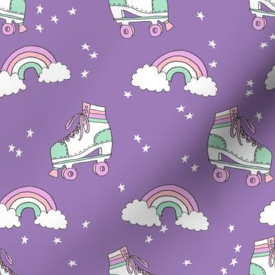 rollerskates fabric // cute nostalgic rollerskate retro rainbow girls design - purple