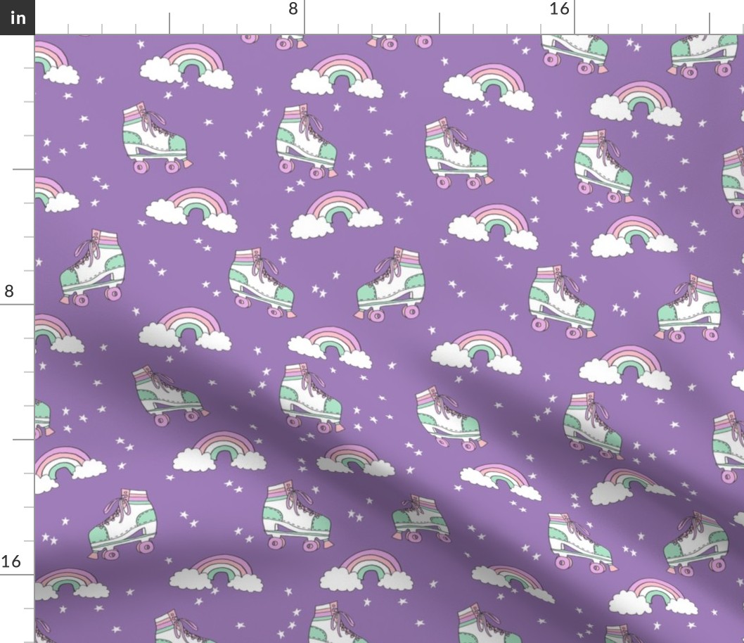 rollerskates fabric // cute nostalgic rollerskate retro rainbow girls design - purple