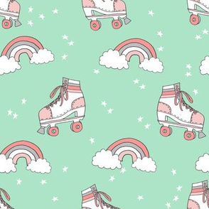 rollerskates fabric // cute nostalgic rollerskate retro rainbow girls design - mint