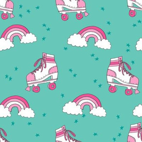 rollerskates fabric // cute nostalgic rollerskate retro rainbow girls design - turquoise