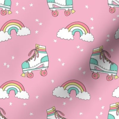 rollerskates fabric // cute nostalgic rollerskate retro rainbow girls design - pink and yellow