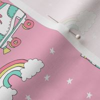 rollerskates fabric // cute nostalgic rollerskate retro rainbow girls design - pink and yellow