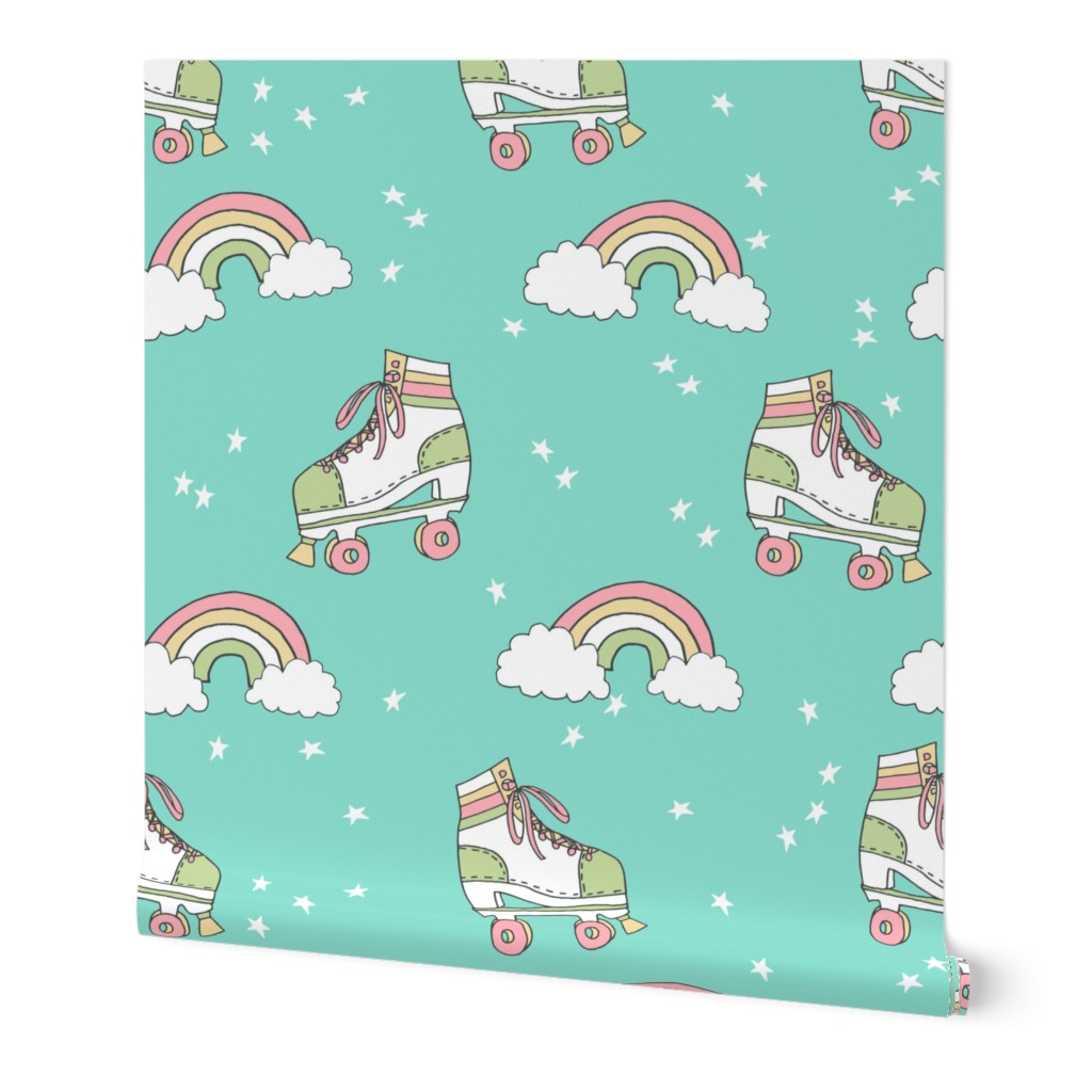 rollerskates fabric // cute nostalgic rollerskate retro rainbow girls design - mint and green