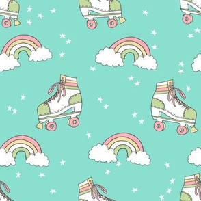 rollerskates fabric // cute nostalgic rollerskate retro rainbow girls design - mint and green