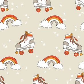 rollerskates fabric // cute nostalgic rollerskate retro rainbow girls design - 70s orange