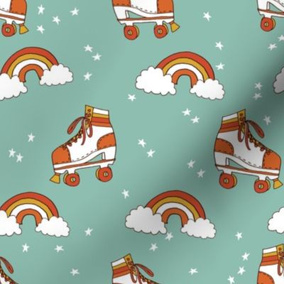 rollerskates fabric // cute nostalgic rollerskate retro rainbow girls design - 70s