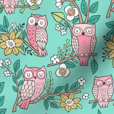 Owls and Flowers on Mint Green