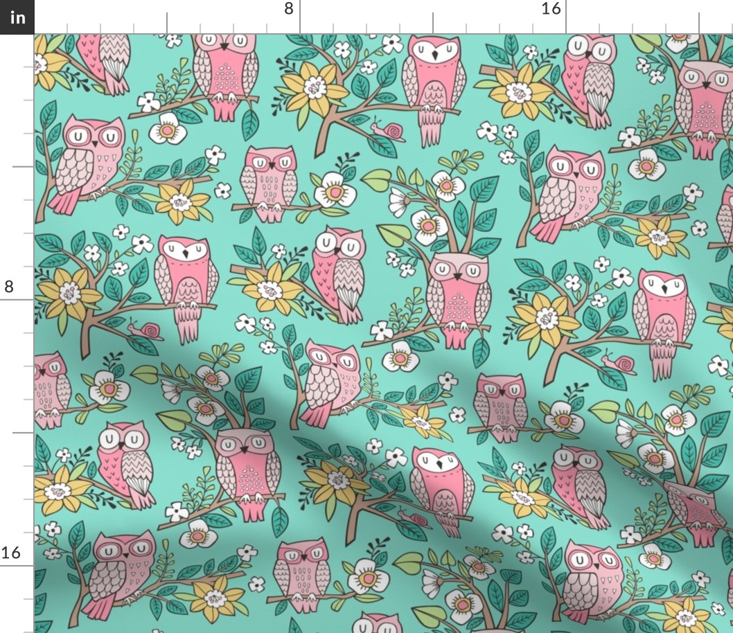 Owls and Flowers on Mint Green
