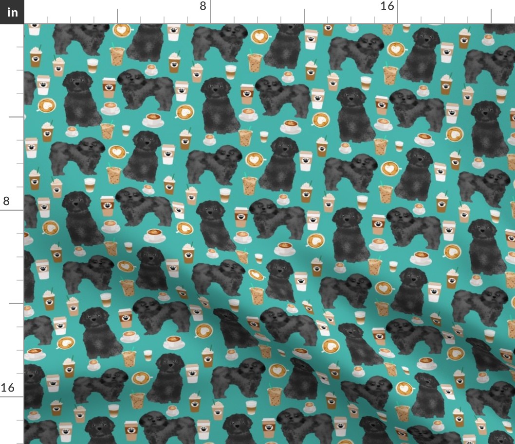 shih tzu dog fabric  dogs and coffees fabric grey/black shih tzu - turquoise