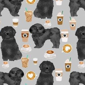 shih tzu dog fabric  dogs and coffees fabric grey/black shih tzu - grey