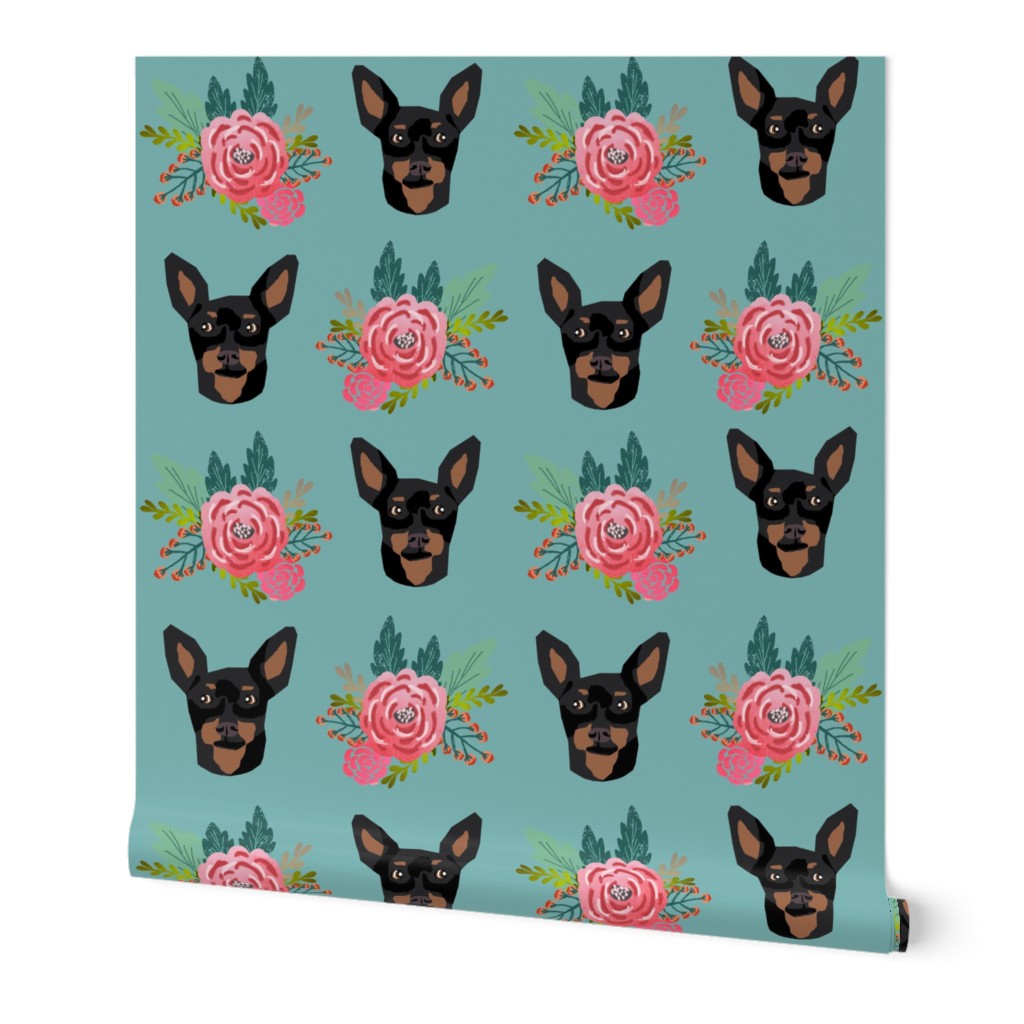 miniature pinscher floral fabric min pin dog design - blue