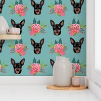 miniature pinscher floral fabric min pin dog design - blue