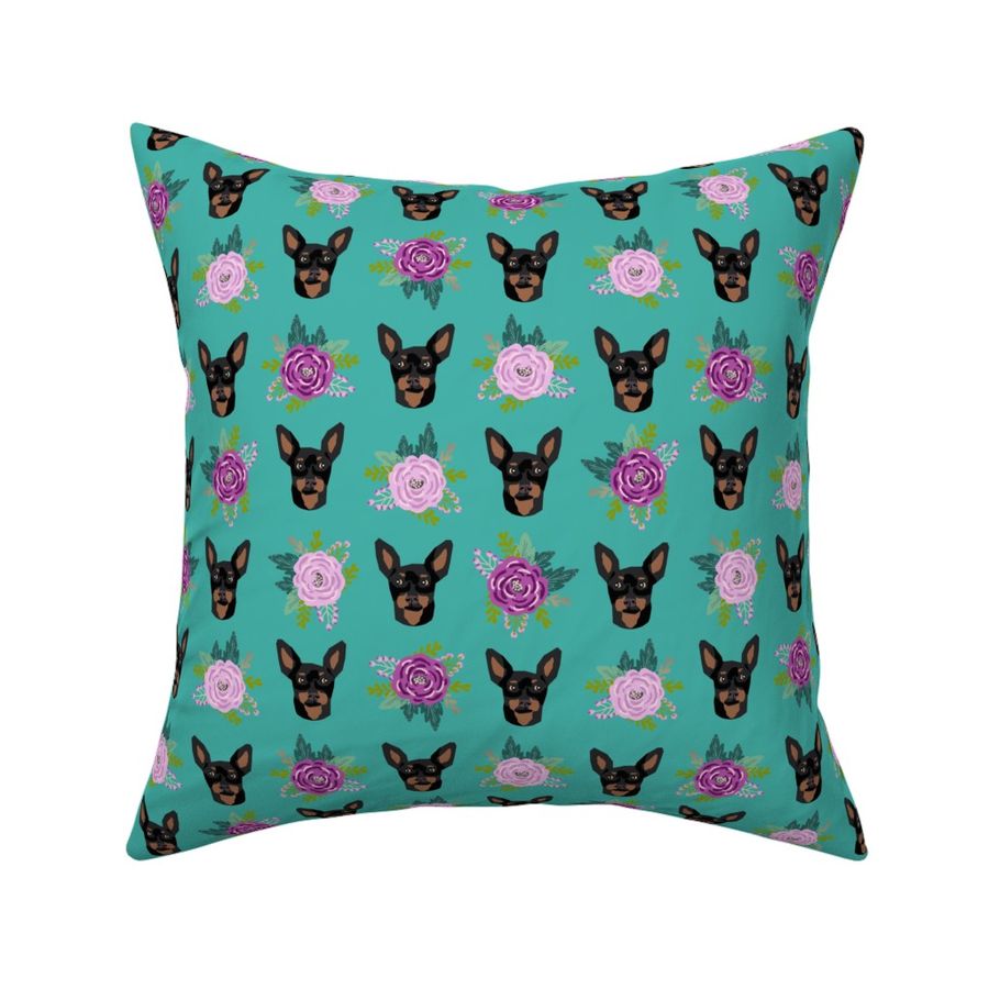 miniature pinscher floral fabric min pin dog design - turquoise and purple