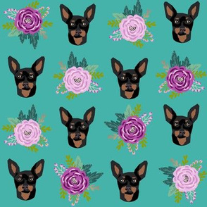 miniature pinscher floral fabric min pin dog design - turquoise and purple