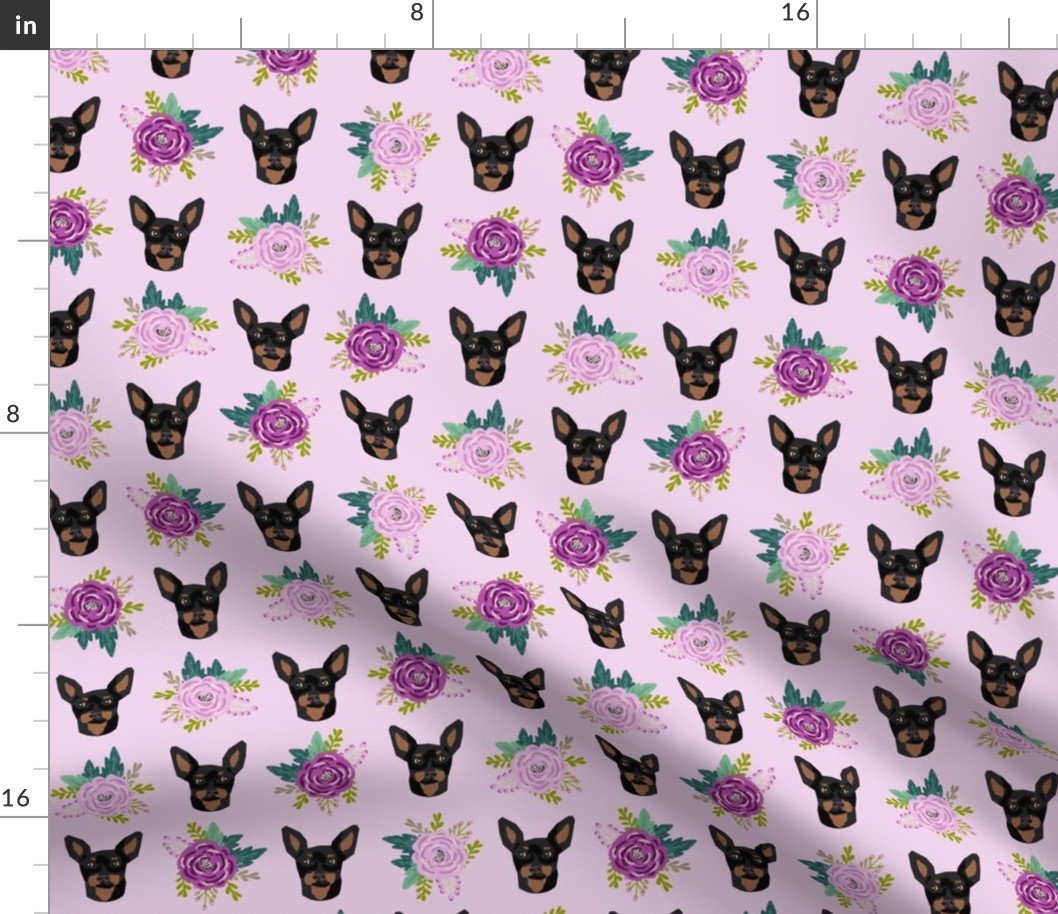 miniature pinscher floral fabric min pin dog design - purple