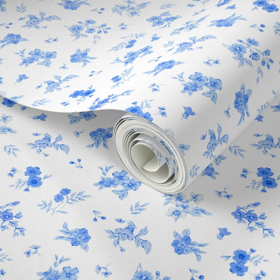 Small Blue Floral on White Wallpaper | Spoonflower