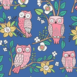 Owls and Flowers on Blue Navy