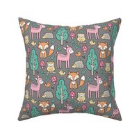 Forest Woodland with Fox Deer Hedgehog Owl & Trees on Dark Grey