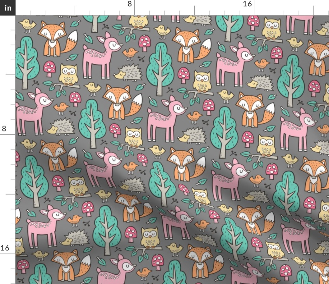 Forest Woodland with Fox Deer Hedgehog Owl & Trees on Dark Grey