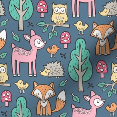 Forest Woodland with Fox Deer Hedgehog Owl & Trees on Blue Denim Navy