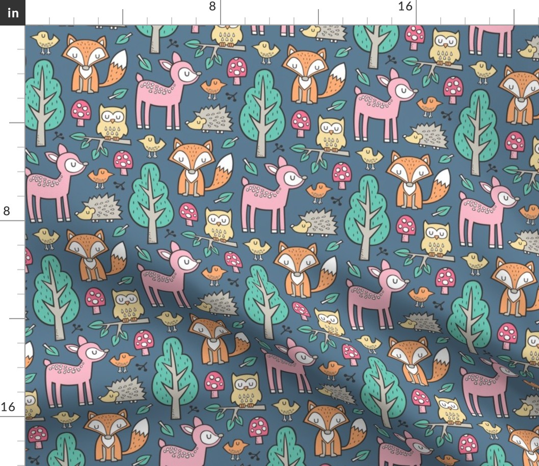 Forest Woodland with Fox Deer Hedgehog Owl & Trees on Blue Denim Navy