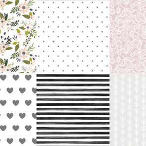 6 loveys: gray sprigs and blooms, black x, lace 66-9, black diagonal stripe hearts, black gouache stripe, arrow stripes 169-1