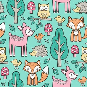 Forest Woodland with Fox Deer Hedgehog Owl & Trees on Mint Green
