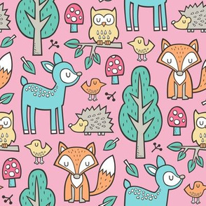 Forest Woodland with Fox Deer Hedgehog Owl & Trees on Pink