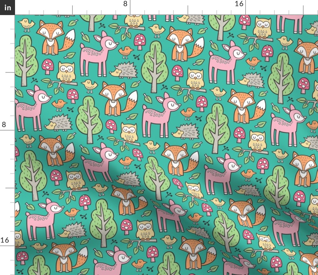 Forest Woodland with Fox Deer Hedgehog Owl & Trees on Dark Green