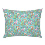 Forest Woodland with Fox Deer Hedgehog Owl & Trees on Aqua Blue