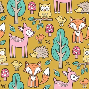 Forest Woodland with Fox Deer Hedgehog Owl & Trees on Mustard Yellow