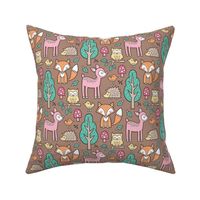 Forest Woodland with Fox Deer Hedgehog Owl & Trees on Brown
