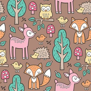 Forest Woodland with Fox Deer Hedgehog Owl & Trees on Brown