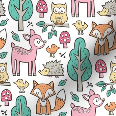 Forest Woodland with Fox Deer Hedgehog Owl & Trees on White