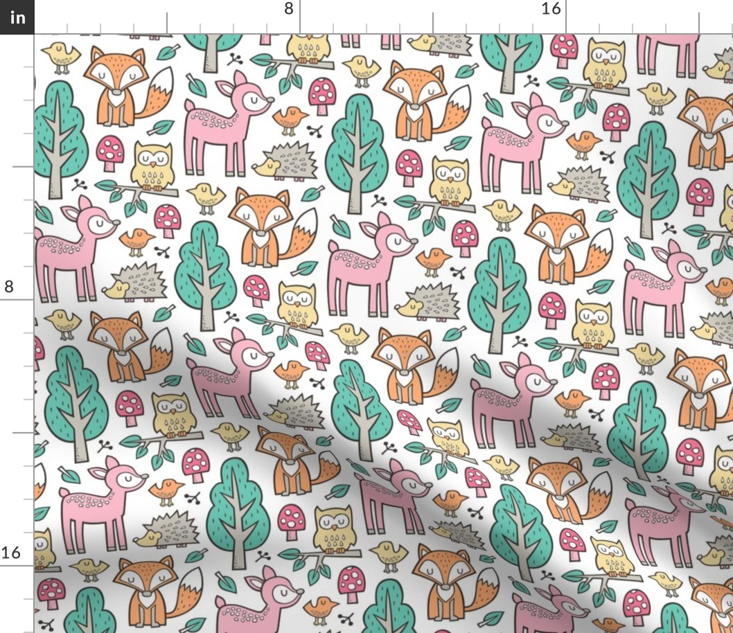 Forest Woodland with Fox Deer Hedgehog Owl & Trees on White