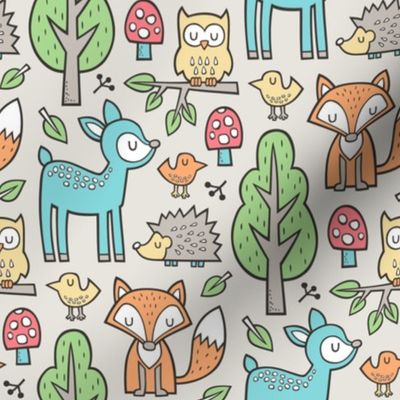 Forest Woodland with Fox Deer Hedgehog Owl & Trees on Sand