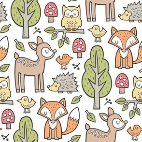 Forest Woodland with Fox Brown Deer Hedgehog Owl & Green Trees on White