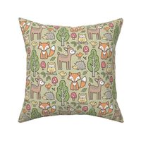 Forest Woodland with Fox Deer Hedgehog Owl & Trees on Olive Green